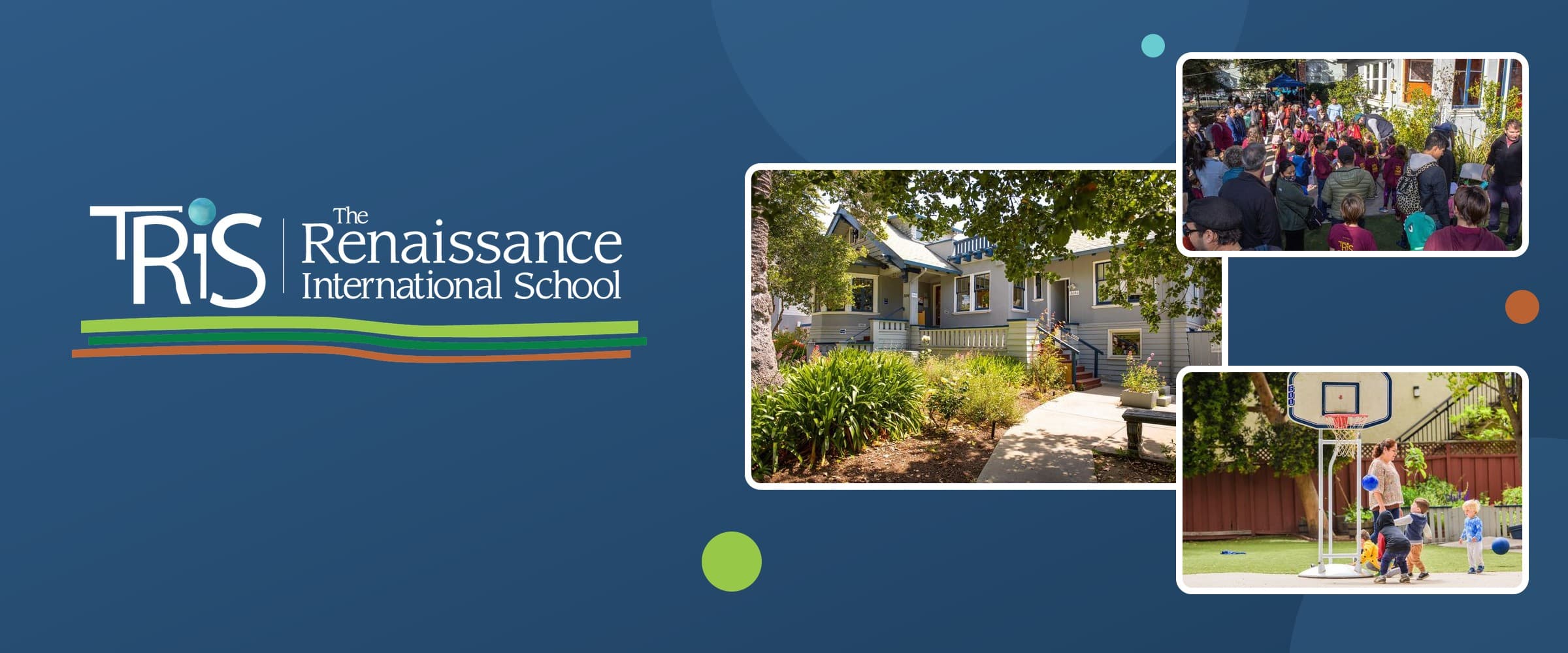 The Renaissance International School logo beside photos of the TRIS campus, the school walk-a-thon and the playground